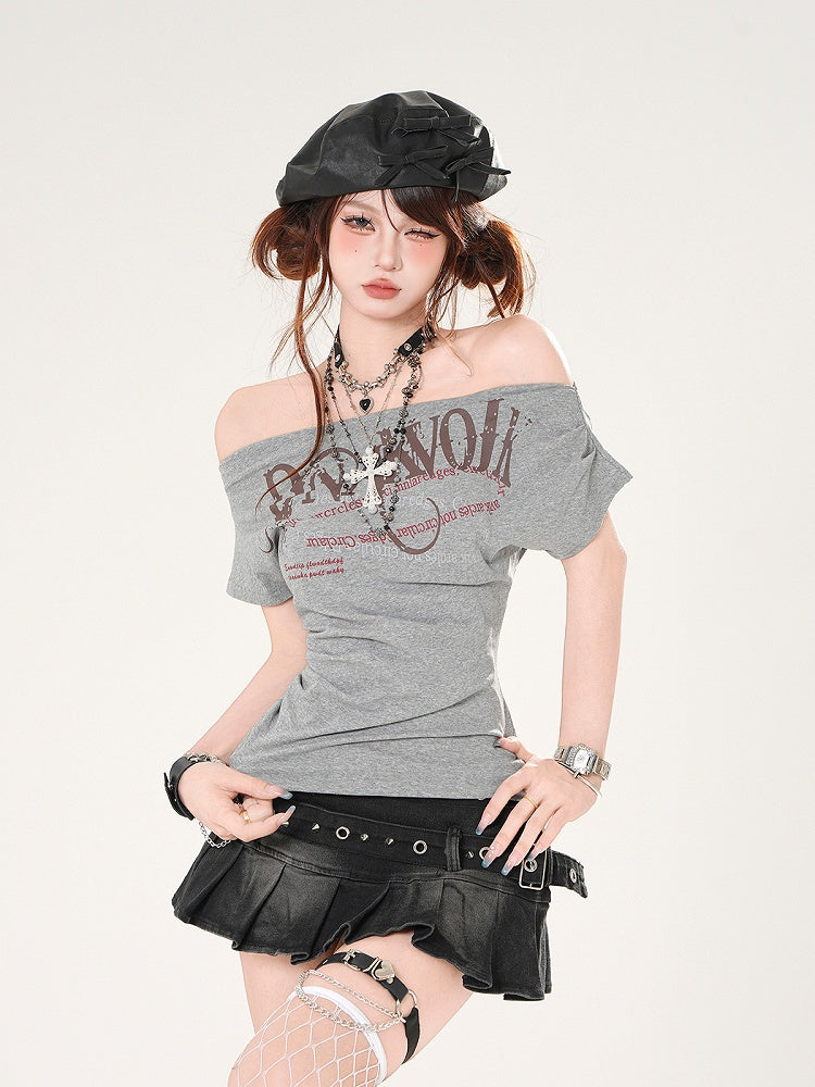 Grau/Marineblaues schulterfreies blaues T-Shirt mit Ausschnitt und Buchstaben-Print