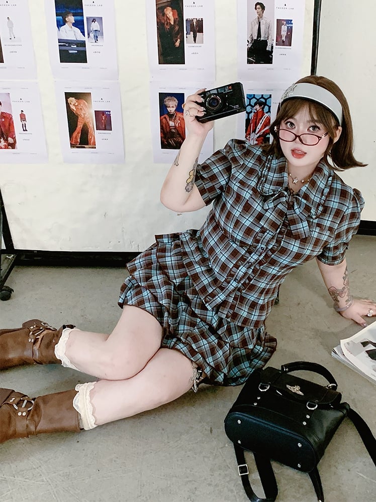 Plus Size Tiered Blue and Brown Plaid Blouse Preppy Style Sleeves Short Skirt /