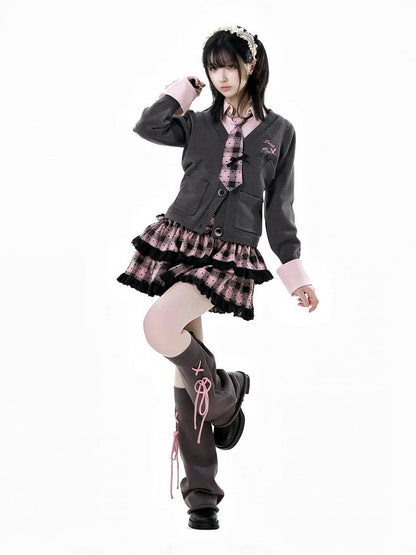 Dark Gray V-Neck Spring Slim-fitting Knitted Cardigan