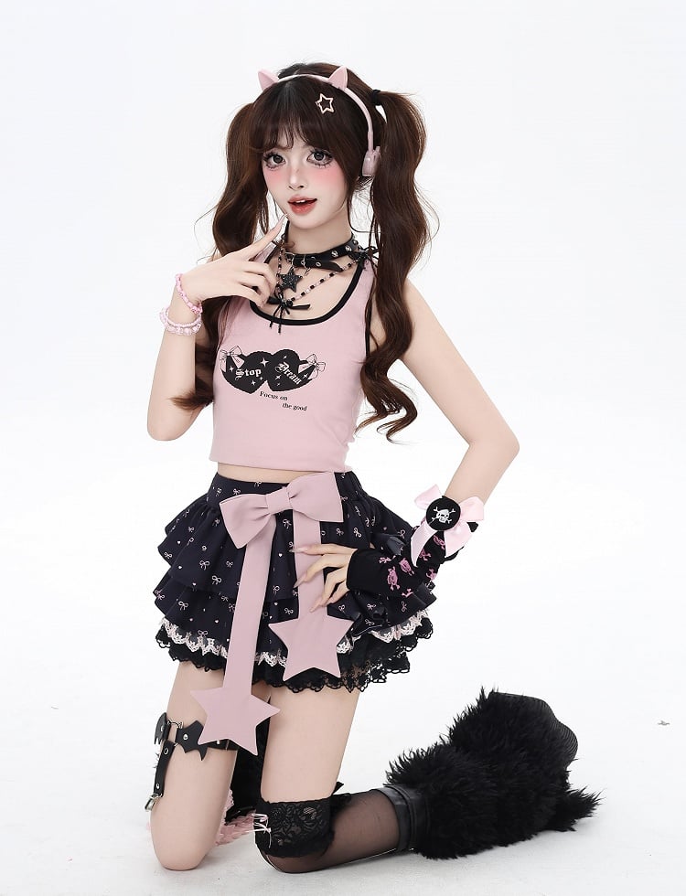 Big with Pink/Black Halter Neck Sweetheart Tank Top Bow Free Print Backless