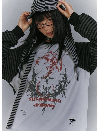 and Colorblock Long Sleeves Striped with Black and Gray Top Punk Print Design
