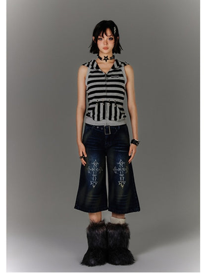 Buckle Distressed Jeans Blue Print Faded Wash Glamorous Belt with Cross