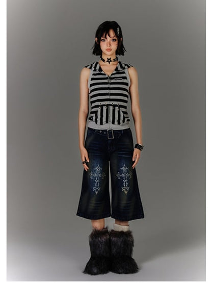 Vintage Bunny Ear Design Black  Grey Stripes Hood Y2K Tank Top