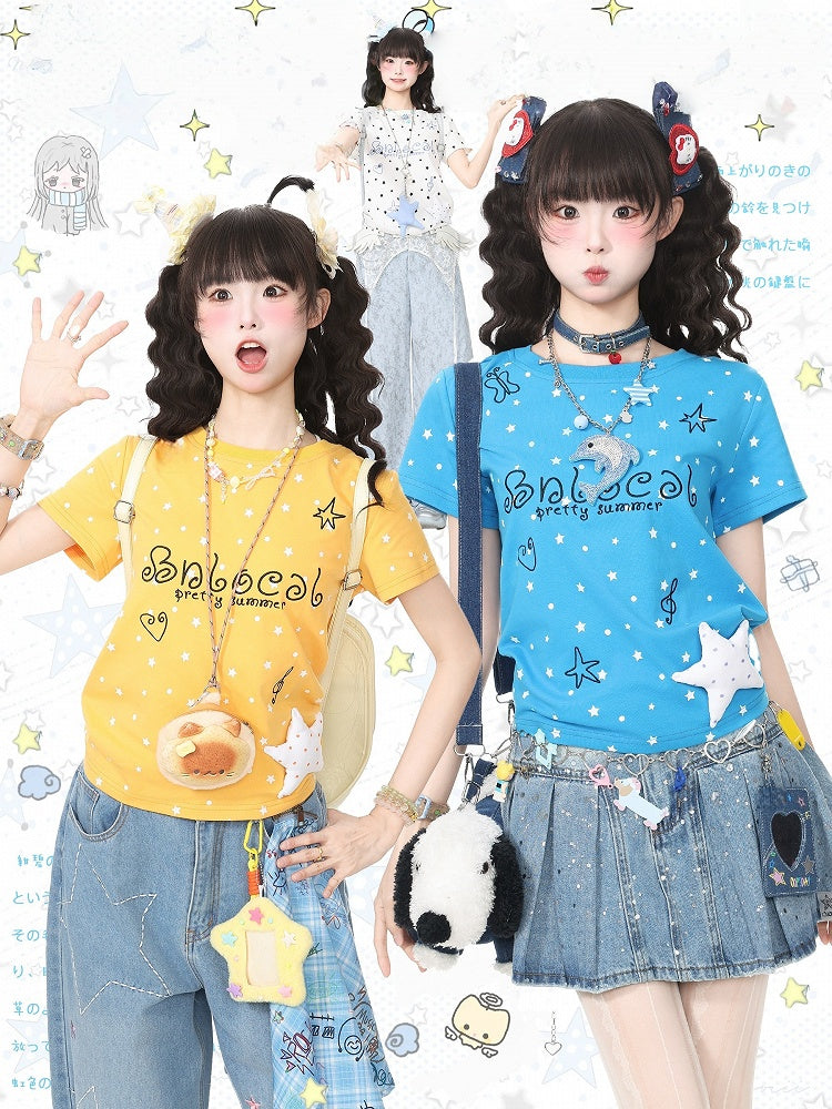 White Daily Kawaii Star Print Crew Neck Short Sleeve T-Shirt with 3D Star Decoration - Languid Park