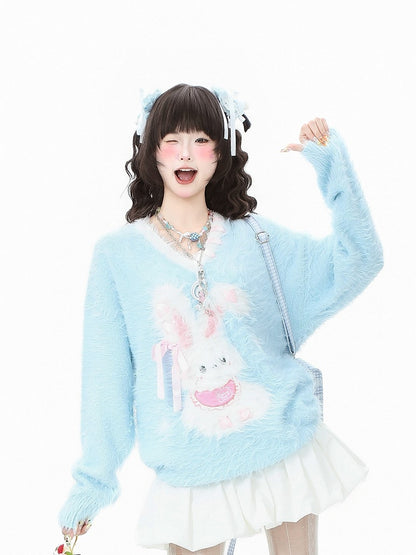 Decorative Motif Strap Sweater Kawaii V-neck Bunny Self-tie - Daily Blue/Pink