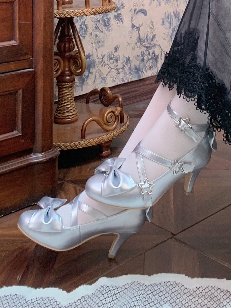 and Star with Bow Silver Buckles Shoes High-heel 6.5cm Details Sweet