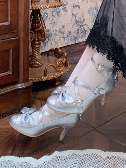 and Star with Bow Silver Buckles Shoes High-heel 6.5cm Details Sweet