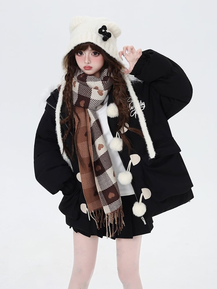 ブラックアプリコットフリース裏地フェイクファートリムフード付きコート