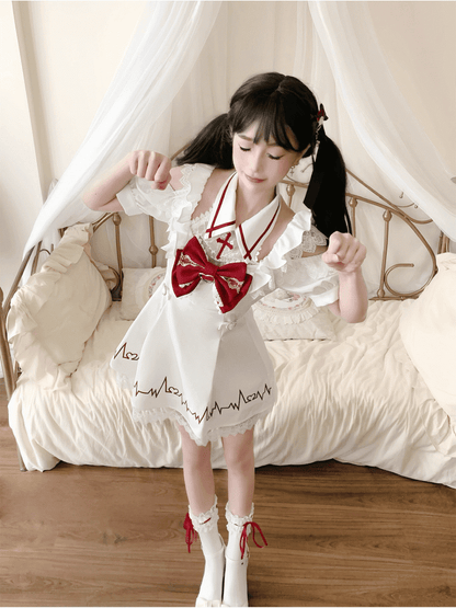 White Print Dress Lace Kawaii and Embroidered Skirt with Red Cross Shoulders Cutout Yami Heartbeat Halter