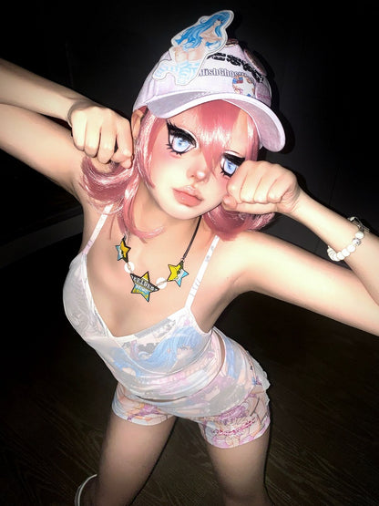 Adjustable Fashion Pink Plaid  Hat Gyaru Cap