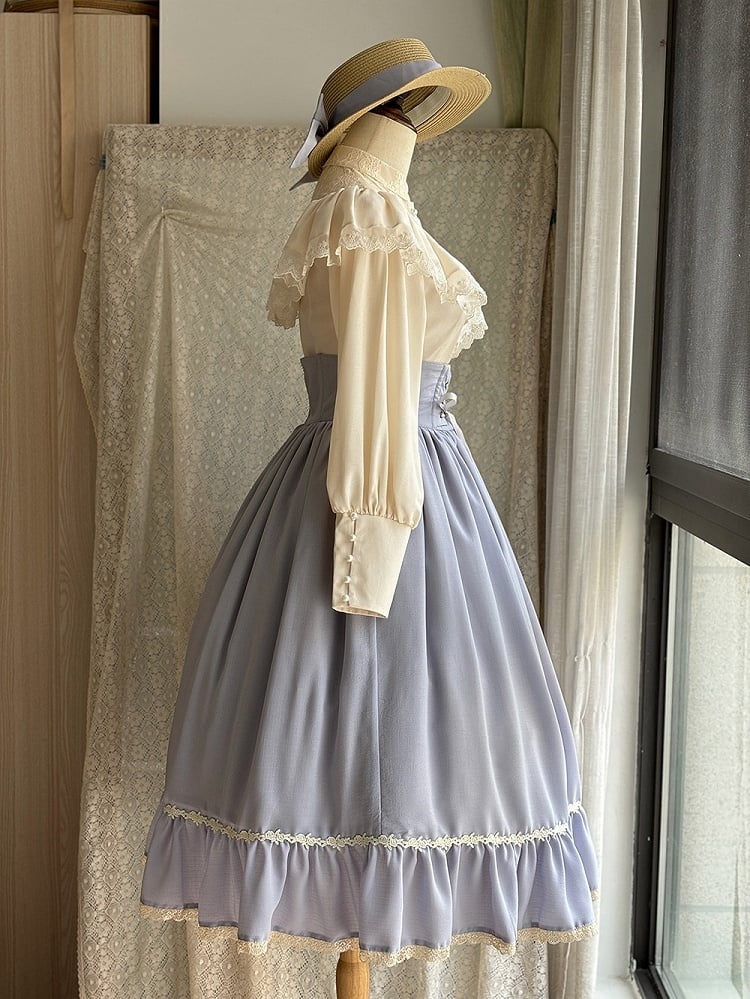 Light Gray Boned High Waist Elegant Classic Lolita Skirt with Lace Trim