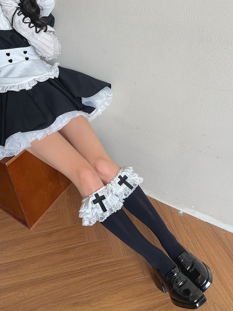 Ruffled Lolita Decoration Sockswith Gothic Calf BlackWhite Cross 3-Layer