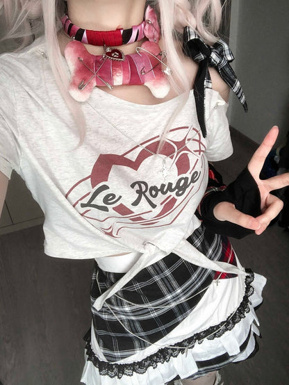 Y2K White Asymmetrical Letter Print Glamorous T-shirt Neckline