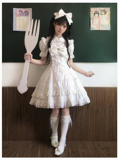 Snowfall-White Cotton JSK Dress with Ruffle and Bow Details