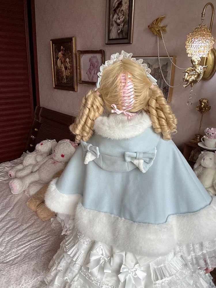 Fur Hooded Baby Cape Winter Blue Trim Woolen Lolita Faux Cat-Ear