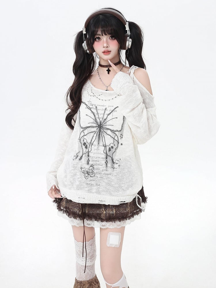 Trim Black/Beige Butterfly Print Cutout Shoulder Lace