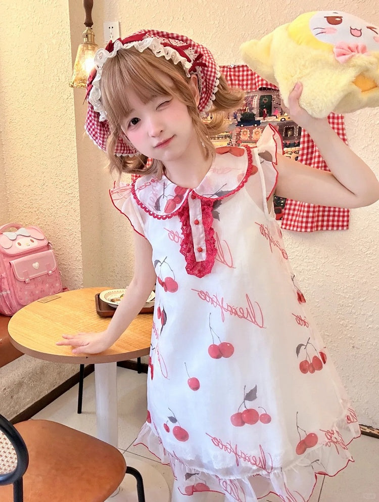 Cherry Print Organza Red Belt Bow Overdress+White Set Dress+Red Pan Slip Peter Collar