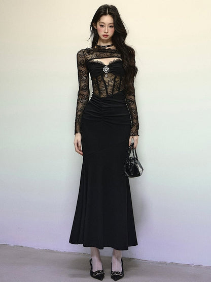 Black Asymmetrical Neckline Semi-sheer Lace Bodice Mermaid Skirt Patchwork Dress Evening Gown