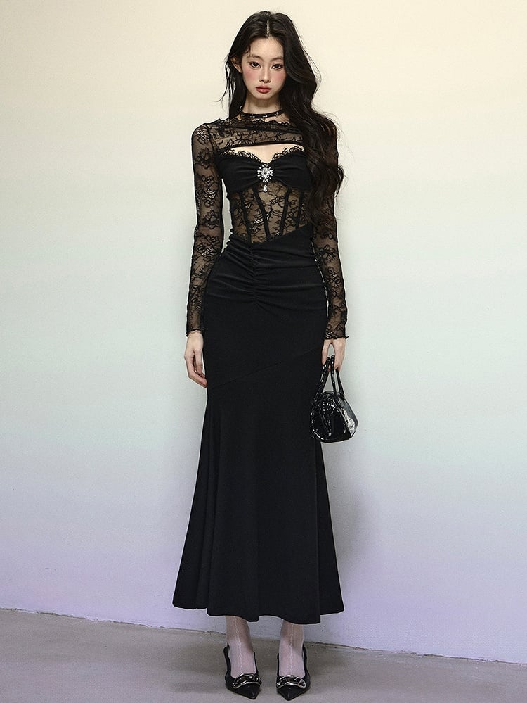 Robe de soirée noire asymétrique en dentelle semi-transparente avec jupe sirène et patchwork
