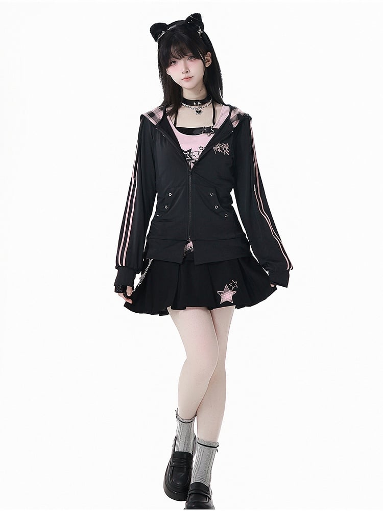 Pink Plaid Hood Black Star Embroidery Sun Protection Jacket