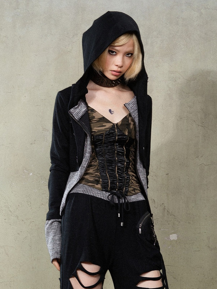 Punk Hem Hoodie Gray Knit Rhinestone Cuffs Black Y2K with Totem Jacket