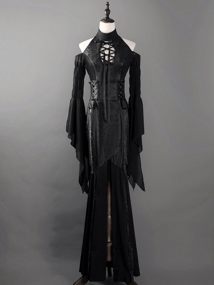 ブラックハイウエストスネークスキングレインゴシックロリータマーメイドスカート