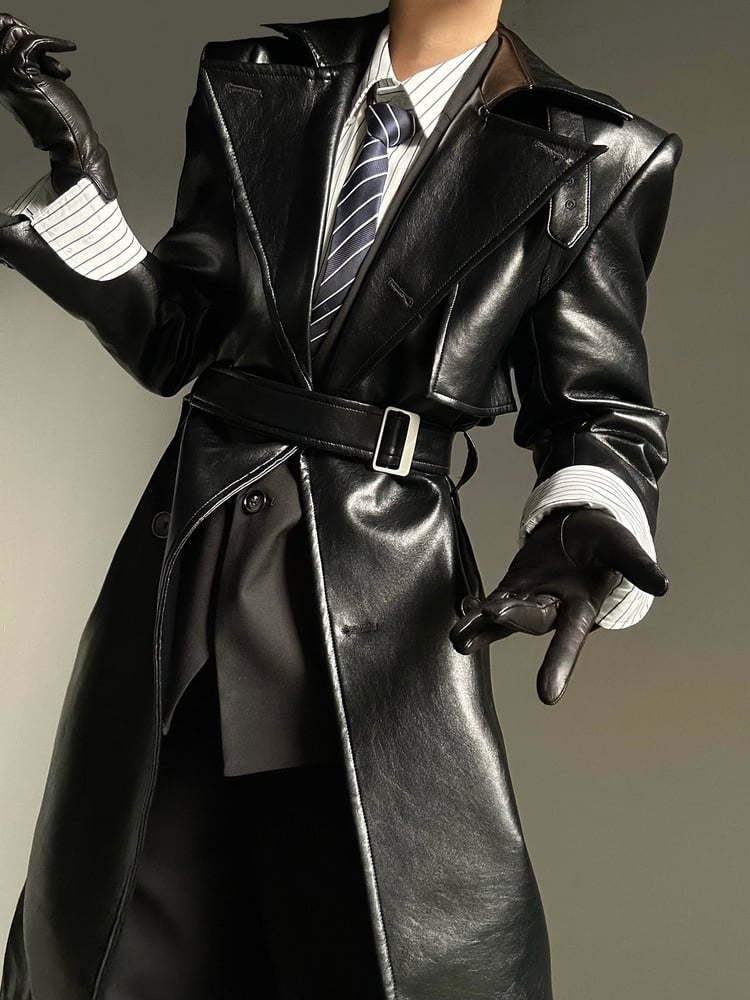 Coat Front with Button PU Dual-Wear Black Design Waist Ouji Set Belt