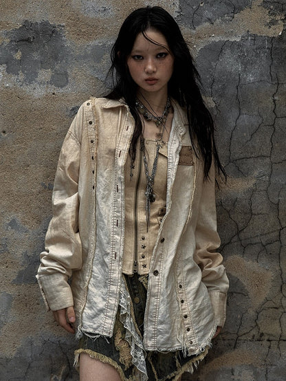 Distressed Shirt Cotton-linen Vintage Punk White