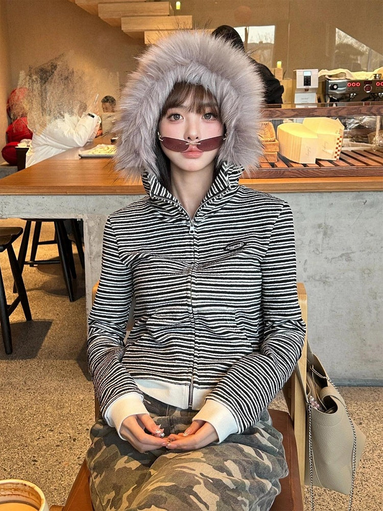 Hood White Fur Hoodie Plush Black with Striped