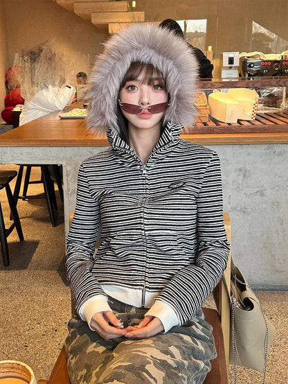 Hood White Fur Hoodie Plush Black with Striped