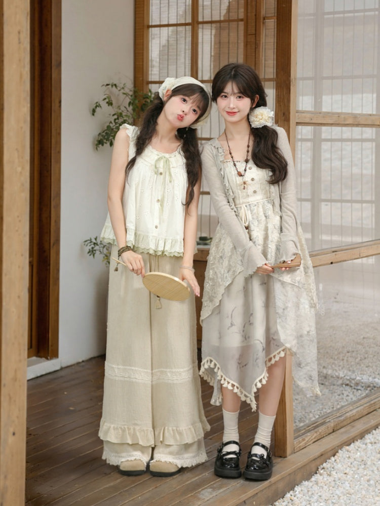 Kei Cheongsam Hem Asymmetrical Tassel Mori Slip Dress Jacquard Style Gray