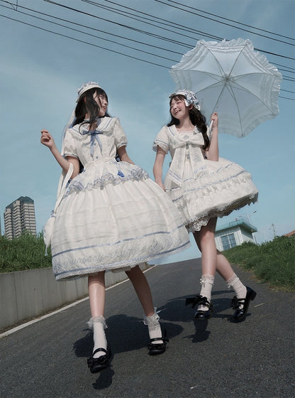 Ivory and Azure Stitched Sailor Gown with Detachable Collar - Honey Machine