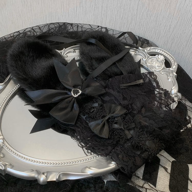 Details Rhinestone Ear Bunny Decorated Bowknot Hairband Plush Ruffled Heart Black/White