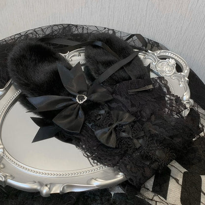 Details Rhinestone Ear Bunny Decorated Bowknot Hairband Plush Ruffled Heart Black/White