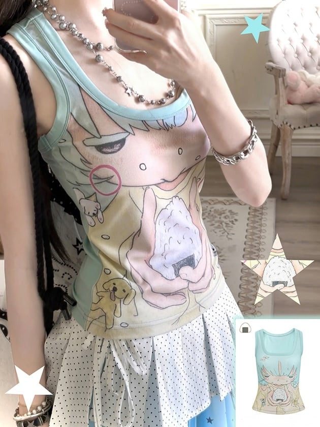 Tank Top Neckline Print Anime Girl Mint Green Square