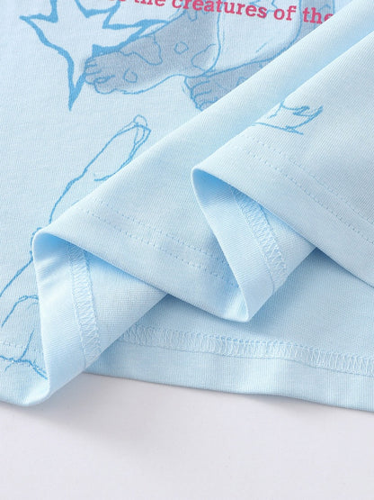 Blue Turn-Down Collar Tee with Anime Graphic - Languid Park