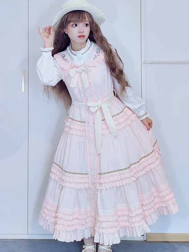 Lolita White Neckline Cuffs Blouse and with Ruffled Lace-Trimmed