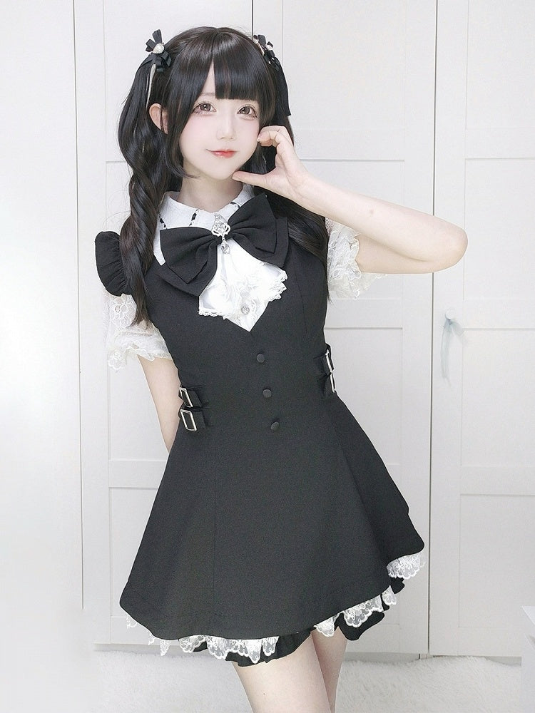 Jabot Black Jirai-Kei Plaid Short Sleeve Gown with Lace Bow Accents + Matching Shorts Set - Puzzles