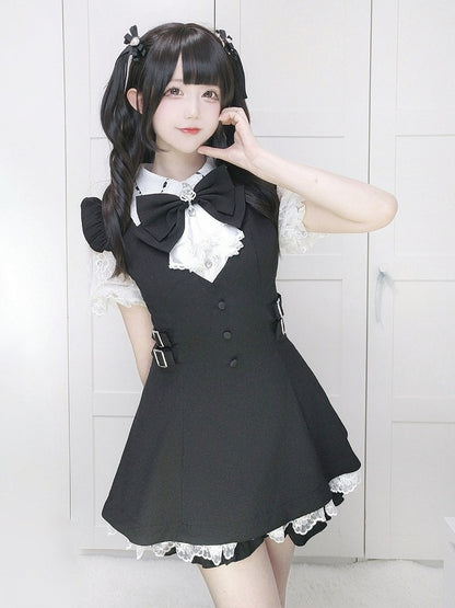 Jabot Black Jirai-Kei Plaid Short Sleeve Gown with Lace Bow Accents + Matching Shorts Set - Puzzles