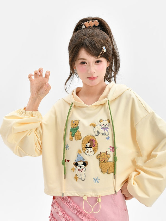 Apricot Plush Puppy Drawstring Waist Hoodie