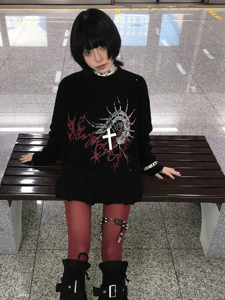 Oversized Black Long Sleeve Sweater with Distressed Holes and Centipede Print - Alita26SS
