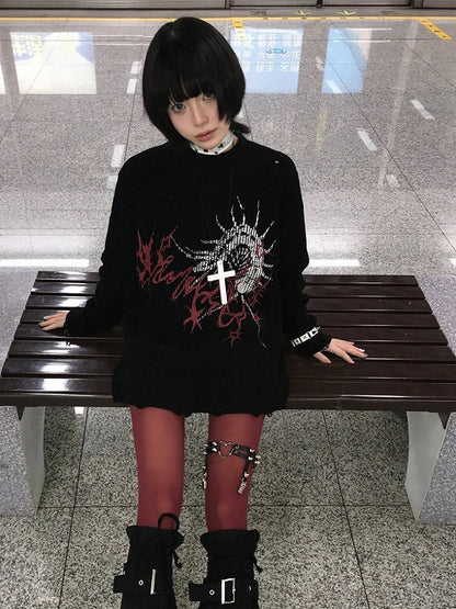 Oversized Black Long Sleeve Sweater with Distressed Holes and Centipede Print - Alita26SS