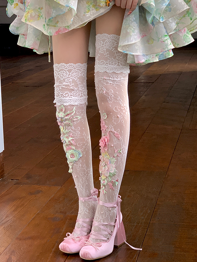 Floral Embroidery Overknee White Trim Stockings Lace