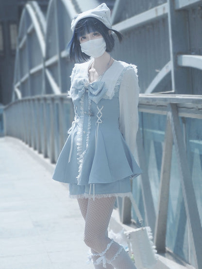 Lace Lace-up Sleeves Trim Light Decorated Details + Long Blue Shorts Kei Top Bowknot Outfit-Beaded Jirai