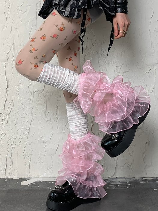 レーススリーブ マルチレイヤートリム Y2K ホワイトピンク レッグ