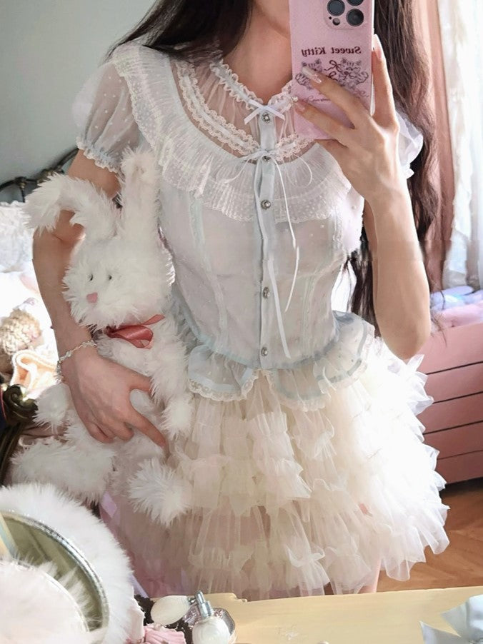 Chiffon Puff Sleeve Blue Polka-dot Top