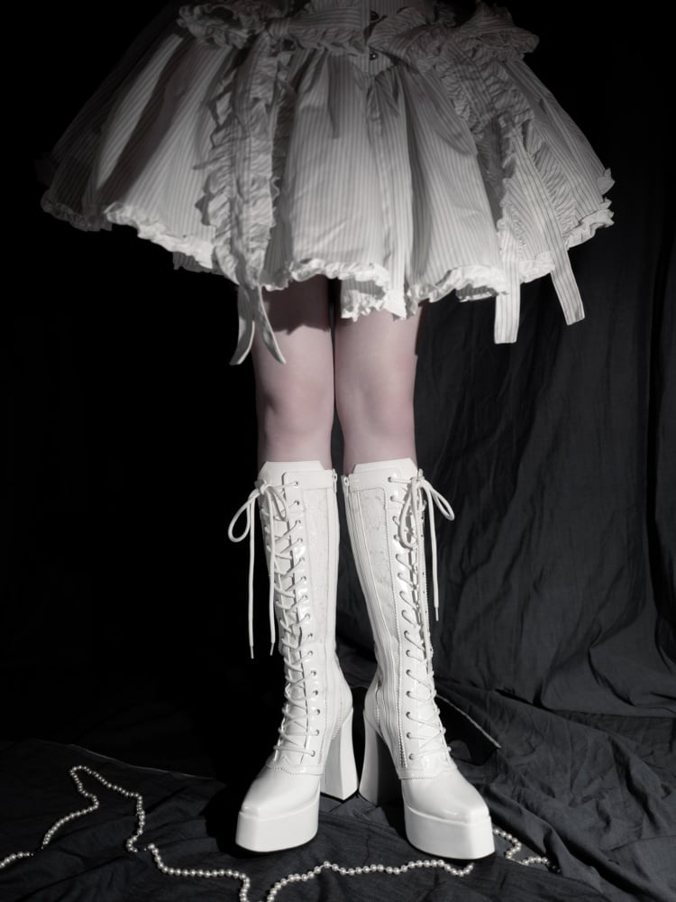 ゴシックホワイトフロントレースアップタイレースプラットフォームハイブロックヒールニーハイブーツ