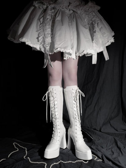 ゴシックホワイトフロントレースアップタイレースプラットフォームハイブロックヒールニーハイブーツ