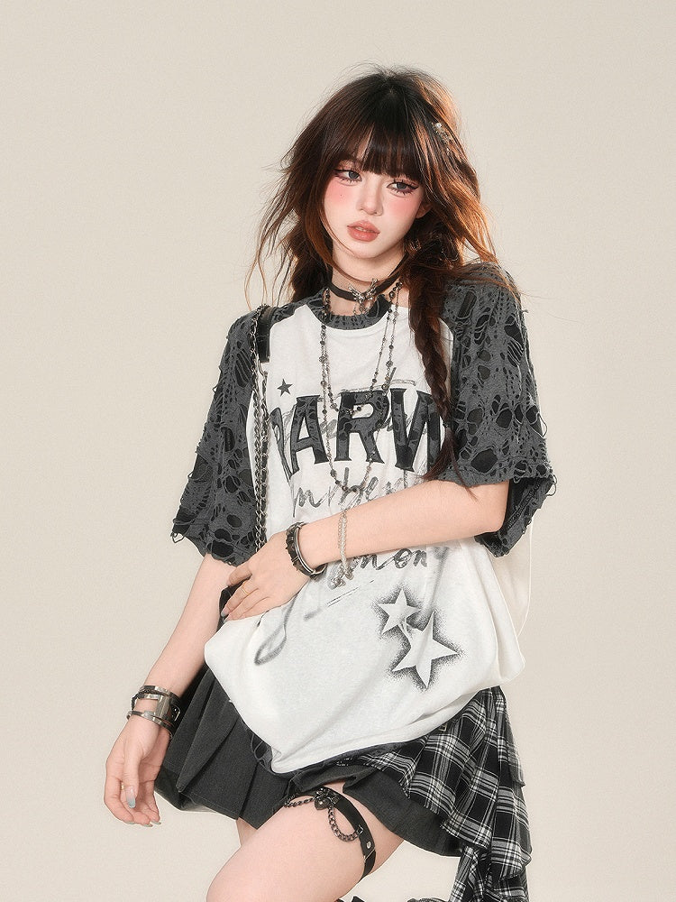 Design Distressed Holes and Black White Colorblock Embroidered T-Shirt