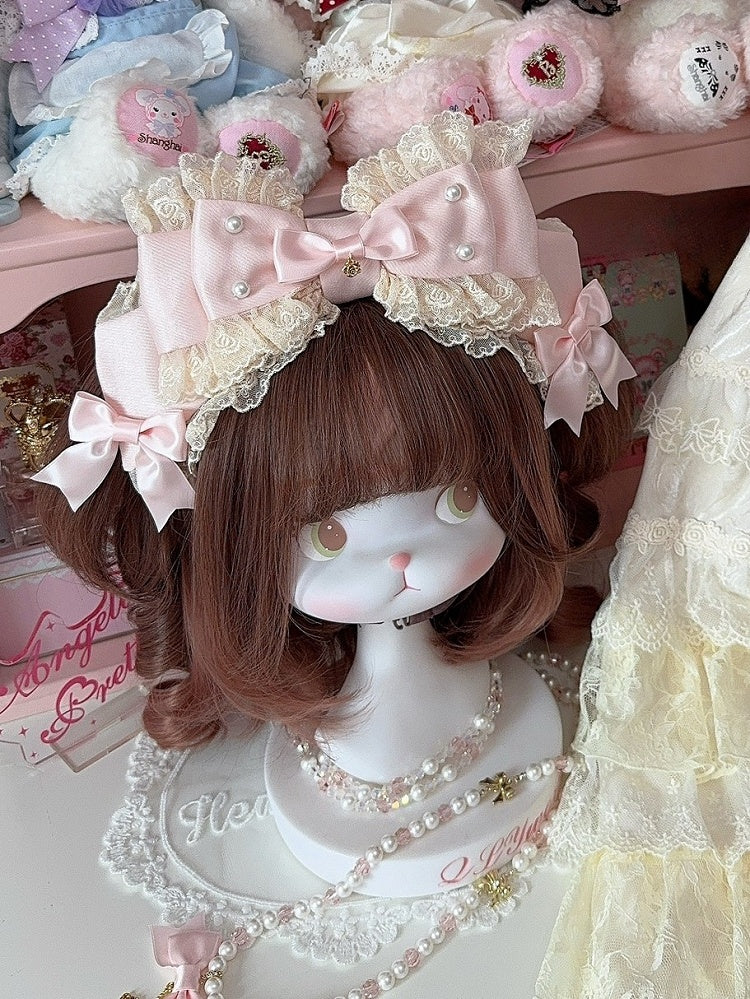 Beaded Lace Trim Decorated White/Beige/Blue Big Bow KC